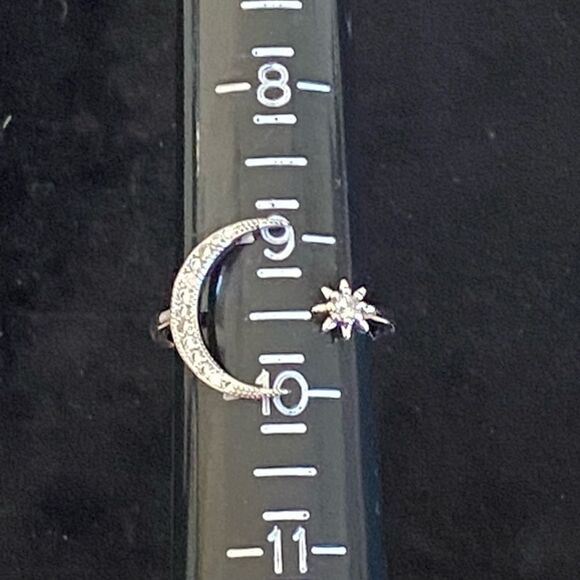 Celestial Crescent Moon Star Silver Tone Crystal Adjustable Ring NWT - Picture 7 of 13